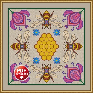 Honey Bee Counted Cross Stitch Pattern, Honeycomb Hive Beeswax Embroidery PDF Chart, DIY Hoop Wall Art