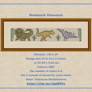 Bookmark dinosaurs Cross Stitch Patterns PDf, dino lovers simple x stitch. Instant Download. Science cross stitch.