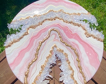 Rose Quartz Geode WallArt- Pink 24 inch Round Crystal Epoxy Artwork -Gold Luxury painting- Art Home Decor-Interior Design-One of a kind