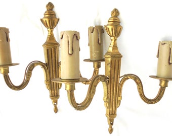 1930: 2 French Brass Wall Lamps with Electro Fittings Brocante Art Nouveau decoration