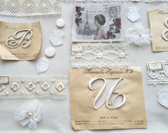 1930: 31 pieces lace trims, monograms, mother of pearl buttons scrapbooking junk journal slow stitch package