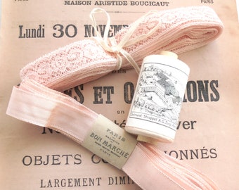 Lot of sewing supplies: antique lace taffeta ribbon & sewing thread 975 meters