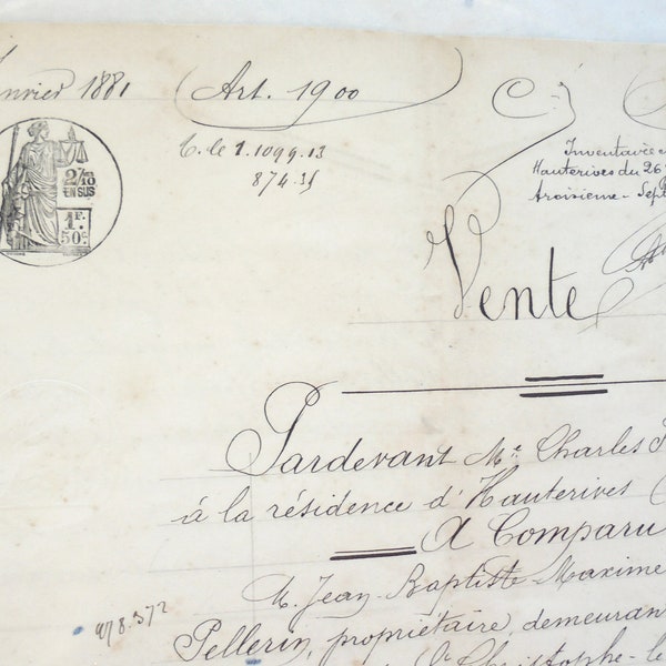 Französische Urkunde von 1881 mit Tintenschrift  Ephemera Vintage Paper Junk Journal