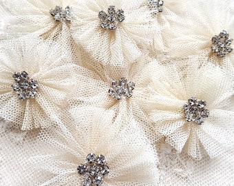 4 Vintage Tulle Glass Rhinestone Flowers - handmade Brocante Boudoir French Shabby Decoration