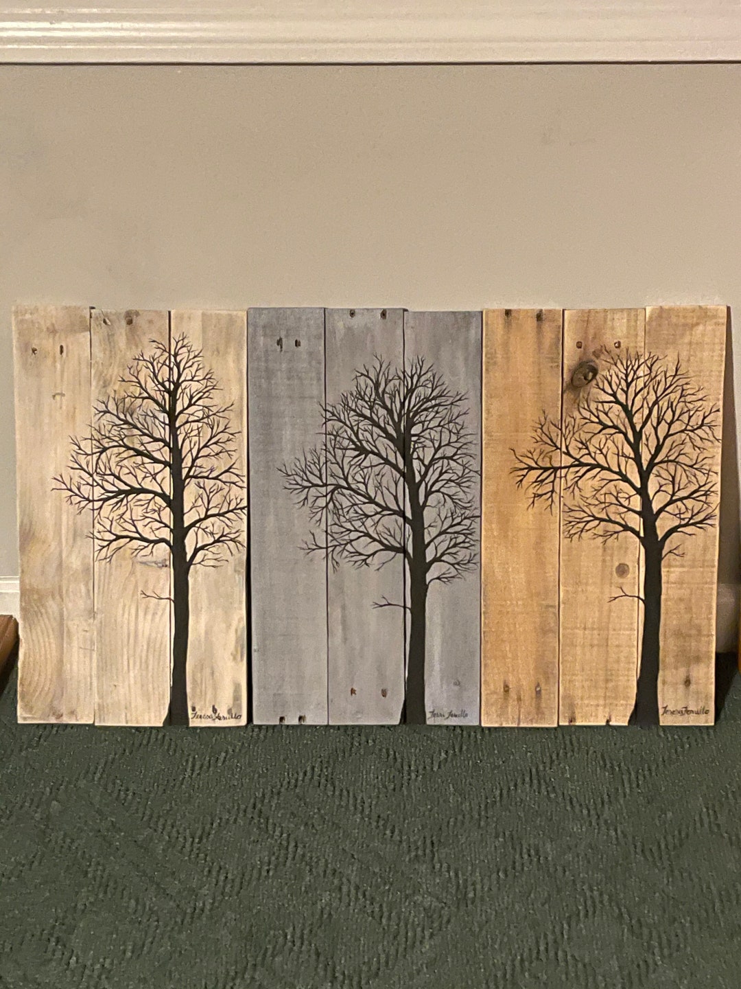 Image showcasing Wall Decor - Tree Silhouette; Pallet Wood Painting (approx. 18x11) - Etsy