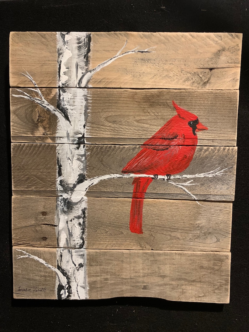 Wall Decor Cardinal On Birch Tree Pallet Wood Painting | Etsy
