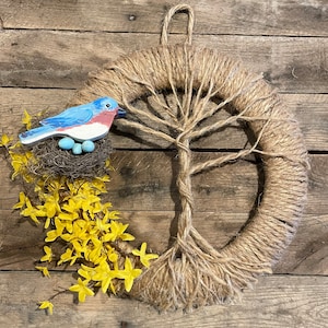 Spring rope tree of wreath with a nest with 3 eggs and the backyard bird of your choice!