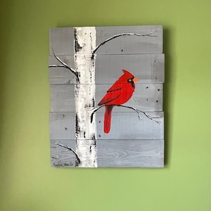 Wall Decor - Cardinal On Birch Tree Pallet Wood Painting