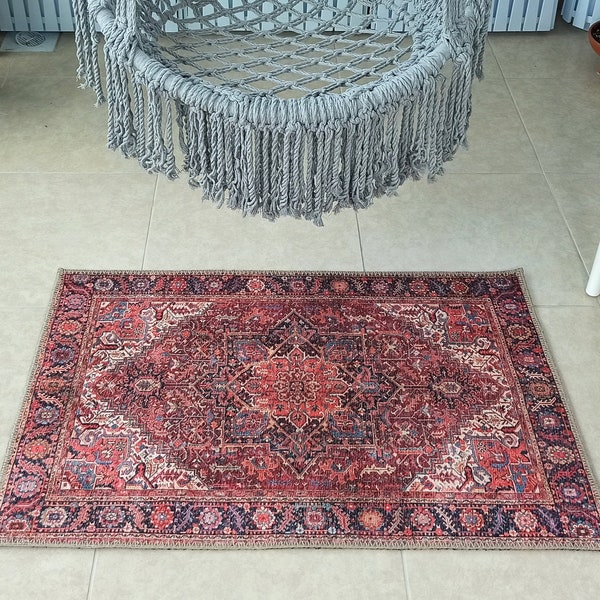 HANA Mini | Heriz Design, Oriental rug, Persian Pattern, Small Carpet Decoration Home decor, Central Medallion Burgundy Claret Red Pink Rugs