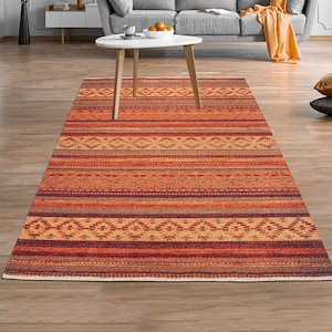 OLIVER | Kilim Style Turkish Rug, Orange Vintage look Faded Traditional Area Rug, Bohemian Striped Mid-century Floor Decor Diamond Carpet