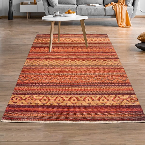 OLIVER | Kilim Style Turkish Rug, Orange Vintage look Faded Traditional Area Rug, Bohemian Striped Mid-century Floor Decor Diamond Carpet