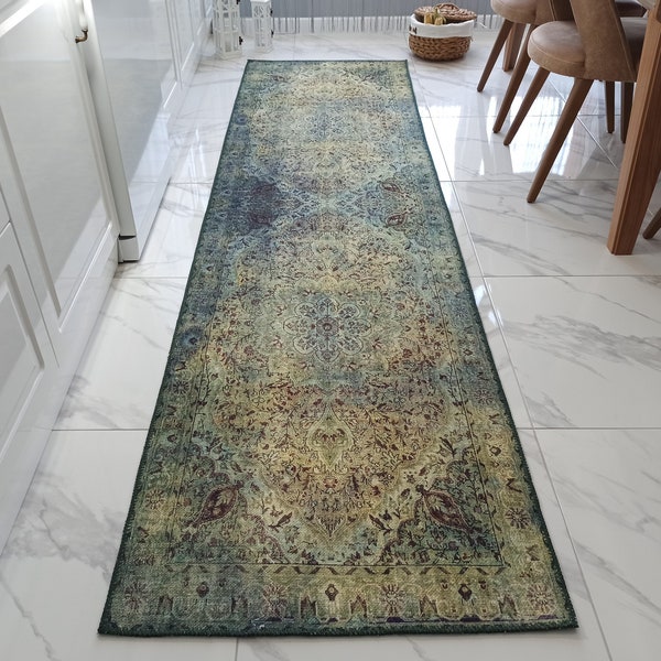 RENE Runner | Green Oriental Persian Runner, Vintage Hand-knotted texture, Kitchen decor, Over-dyed Faded Floral Motifs, Luxury Hallway rug