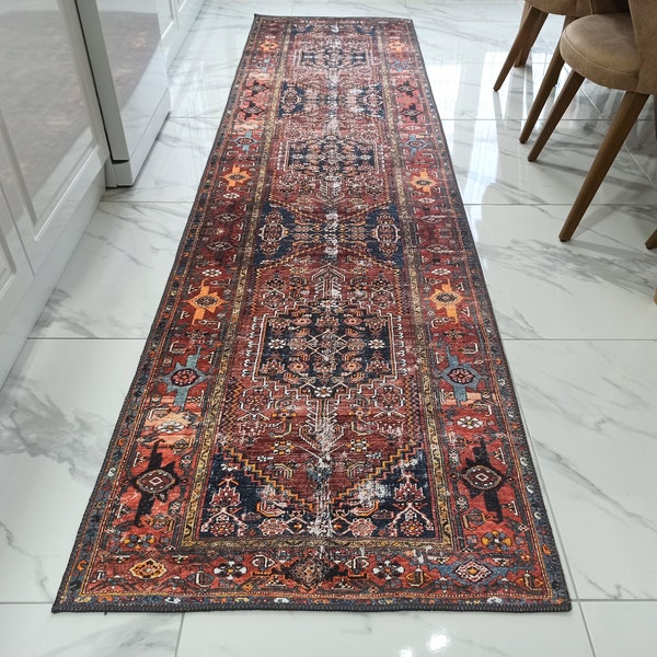 ZAHRA Runner | Antique Turkish Heriz Pattern Oriental Rug, Hand-knotted texture, Traditional decor, Mid-century Modern, Navy blue, Red, Rugs