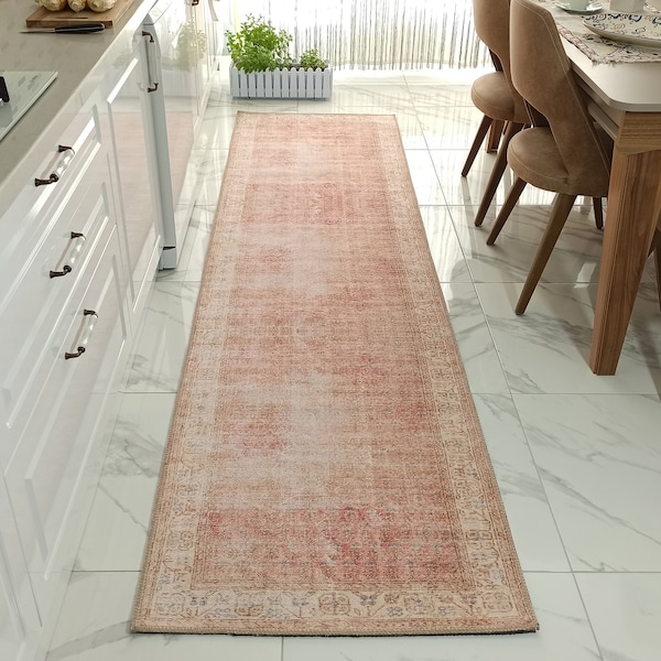 NISA Runner | Turkish Vintage Runner Rug, Distressed look Faded Burnt Orange Neutral Runners, Boho Chic Home decor, Mid-century Modern Rugs