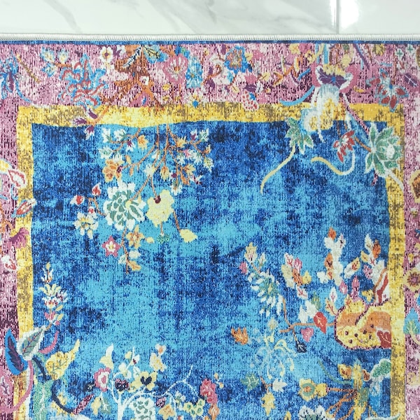 MARAH | Turkish rug, Blue & Pink Rugs, Mid-century, Floral Oriental Carpet, Luxury Home Decor Rug, Floral Area Rug, Bedroom Living Room Rug