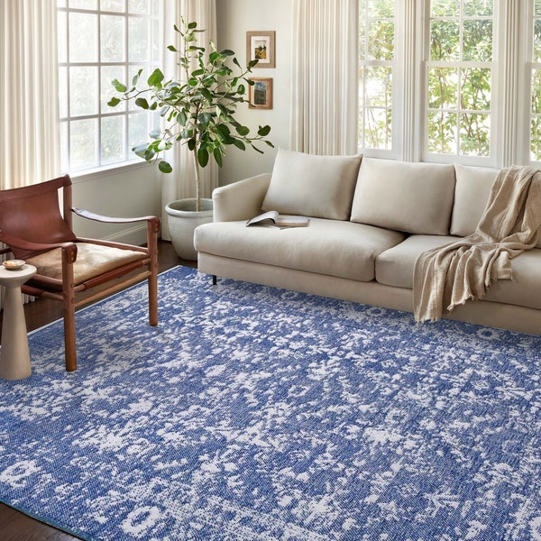 MISTY | Navy Blue Turkish Vintage Rug, Distressed Oriental Home Décor Area Rugs Runner 6x9 5x8 4x6 3x5 for Living Room Bedroom Unique Luxury