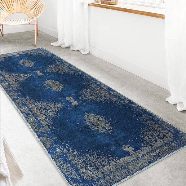 AMAN | Turkish Runner Rug, Light Blue Navy Blue Vintage look, Oriental carpet, Mid century Modern Home Decor Teppiche Luxury Designer Rugs