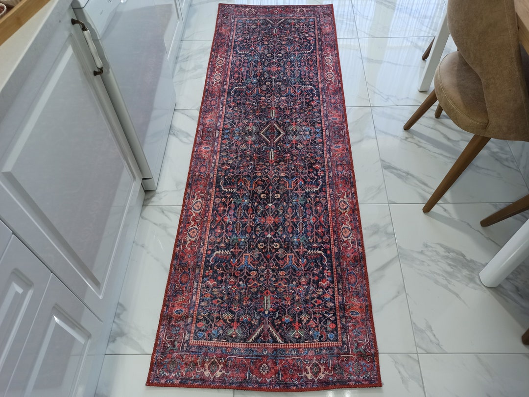 Turkish Red Navy Blue Oriental Runner Rug, Tribal Ethnic Traditional