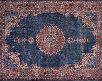 TABRI | Oriental Rug, Persian Pattern, Vintage looks, Bohemian, Living room, Home decor, Area Rug, Mid-century, Navy Blue Rugs, Red, Unique