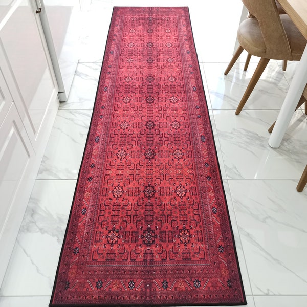 ZANAN Runner | Red Persian Heriz Runner, Hallway Oriental Afghan style Turkmen Geometric Runners Rugs Bohemian Home Décor Kitchen Bedroom