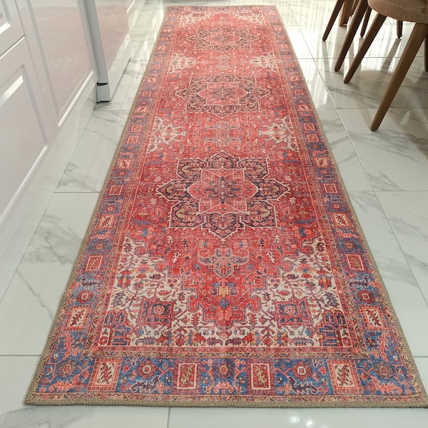 SARA | Antique Persian Heriz Pattern Runners Coral Red Pink Oriental Runner Traditional Mid-century Tribal Hallway Ethnic Carpet Farmhouse