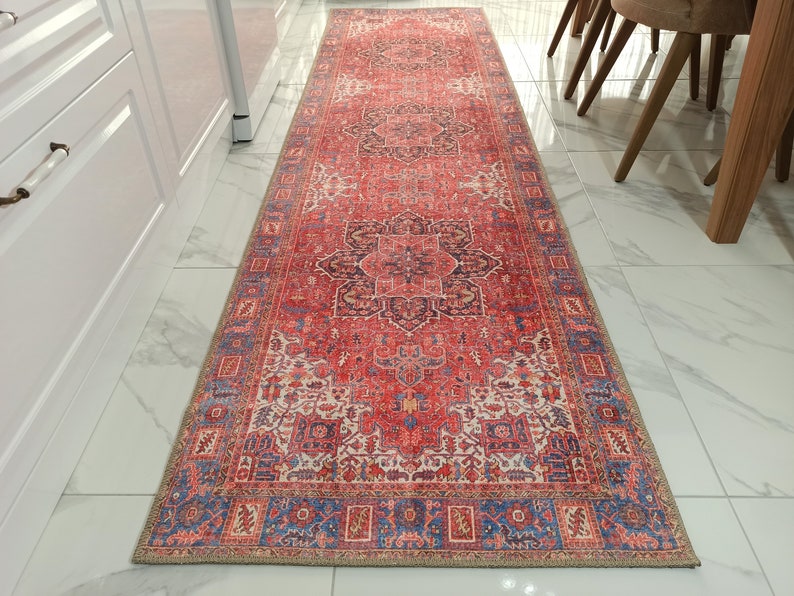 SARA | Antique Persian Heriz Pattern Runners Coral Red Pink Oriental Runner Traditional Mid-century Tribal Hallway Ethnic Carpet Farmhouse 