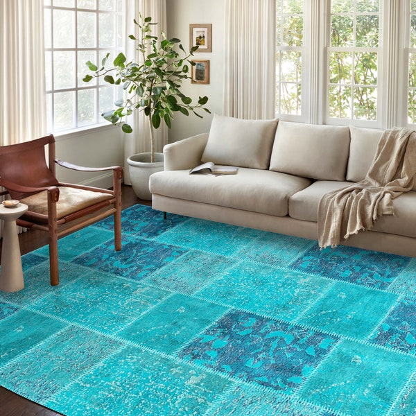 NOEMI |Turquoise Patchwork Vintage Rug, Light Blue Distressed Oriental Home Décor Area Rugs Runner 6x9 5x8 4x6 3x5 for Living Room Bedroom