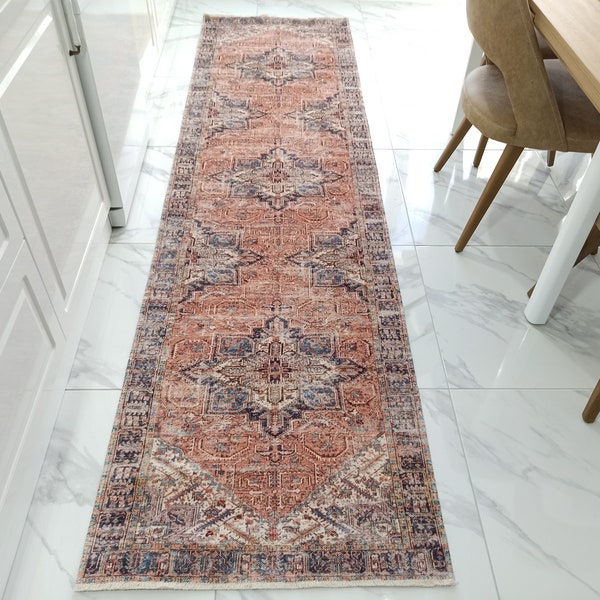 Tapis de passage HAZEL | Tapis orange de passage à motif persan, décoration moderne du milieu du siècle, couloir longe, look vintage traditionnel, chemins de cuisine de luxe