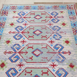 SAMA Runner | Turkish Rug, Pastel Boho Vintage Faded Ivory Green Blue Red Runners Long Rugs Home Office Decor Aztec Southwestern Art Carpet