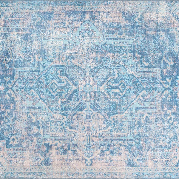 MAVERA | Blue & Faded Turquoise Persian Heriz pattern rug, Mid-century Modern area rugs, Farmhouse Bedroom Carpet, Tribal Ethnic Unique Rugs