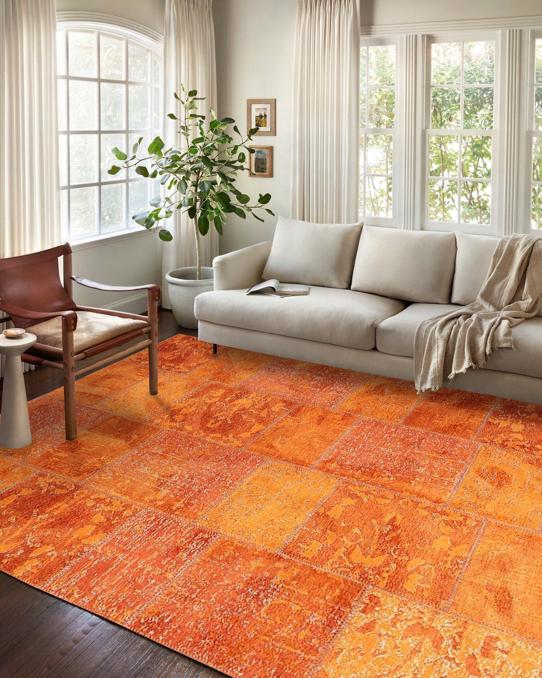 Patchwork Orange Rug, Vintage Style Distressed Oriental Home Décor Area ...
