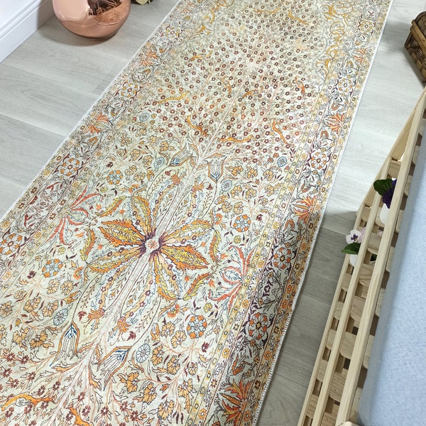 ZANAM | Turkish Runner Rug, Beige Ivory Vintage Neutral Beige rug, Floral Bohemian Mid-century floor decor, Unique Teppiche Colorful pattern