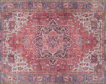 SARA | Antique Persian Heriz Pattern Red Hot Pink Oriental Rug, Hand-knotted texture Traditional Mid-century Area Rugs, Tribal Ethnic Carpet