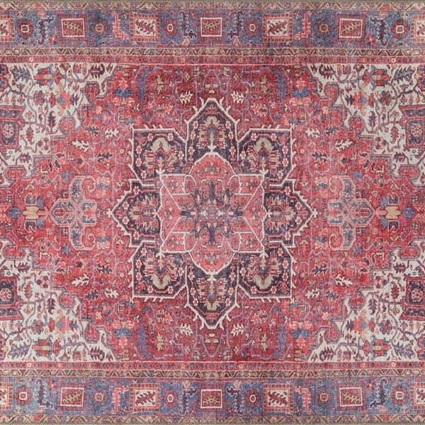 SARA | Antique Persian Heriz Pattern Red Hot Pink Oriental Rug, Hand-knotted texture Traditional Mid-century Area Rugs, Tribal Ethnic Carpet