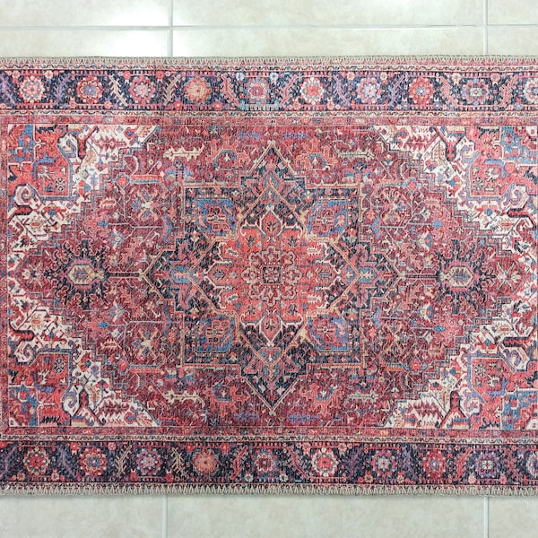 HANA Mini | Heriz Design, Oriental rug, Persian Pattern, Small Carpet Decoration Home decor, Central Medallion Burgundy Claret Red Pink Rugs