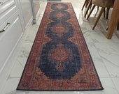 NARGAN Runner Persian Pattern Oriental Rug, Antique Hand-knotted look, Home decor, Traditional, Art deco Runners, Navy blue, Red, Rugs