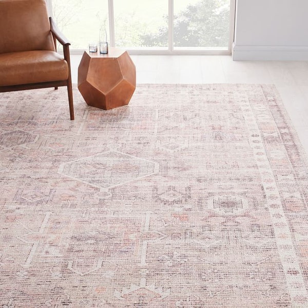 COLE | Persian Style Pink Neutral Vintage rug, Natural Beige Handmade look Shabby Chic decor, Poudre Powder, Rug For Living Room Bedroom