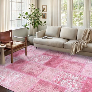 ZANAN | Pink Patchwork Rug, Vintage style woven Distressed Oriental Home Décor Area Rug Runner6x9 5x8 4x6 3x5 for Living Room Bedroom Luxury