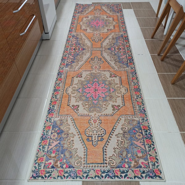 ZAYA | Bohemian Turkish Runner, Orange, Beige Oriental Design, Vintage style Boho Hallway & Kitchen decor, Farmhouse, Mid-century, Fame Rugs