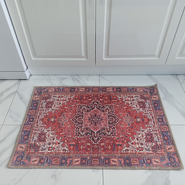2x3 SARA | Pink Persian Heriz Oriental Rug, Small Doormat Entry Interior Décor Carpet Medallion Hot Pink Faded Red Area Rugs Bath Kitchen