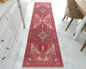 ALIN Runner Red Persian Heriz Runner Rug, Coral Vintage Medallion Geometric Runners Rugs Bohemian Home décor, Mid-century Design Hallway