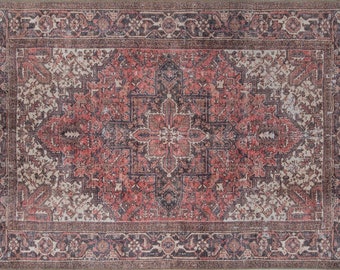 Diseño MINA / Heriz, lujosa alfombra oriental, patrón persa, aspecto antiguo anudado a mano, decoración de la sala de estar, medallón, rojo afligido Hariz