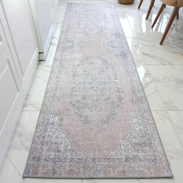 SAFA Runner | Turkish Runner Rug, Neutral Faded Pink, Oriental Traditional Bohemian, Vintage look, Minimalist, Shabby Hallway decor runners