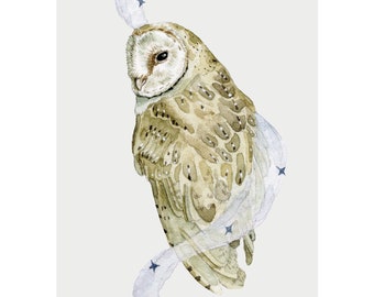 Barn Owl 4x6 and 5x7 Art Print | Magical Wizard Owl | Watercolor Art | Cottagecore Wall Art