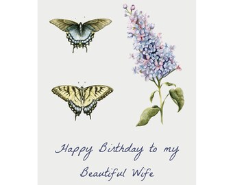 Happy Birthday to my Beautiful Wife Card, Birthday Card for Wife, Butterfly and Lilac Bday Card for her, Gifts for her