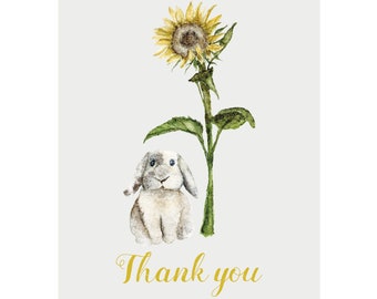 Bunny Sunflower Thank You Card | Baby Shower Thank You Cards | Cards with Envelopes