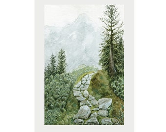 Spring Art Print, Forest Trees Print, Woodland Fine Art Print, Watercolor Pine Trees Print, Mountain Art, Forest House Decor, Lake House Art