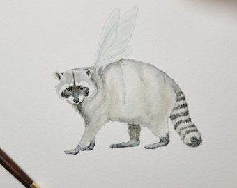 Fairy Raccoon Original Watercolor Painting 5x7