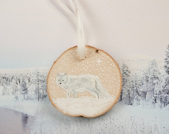 Arctic Fox Ornament, White Fox Christmas Ornament, Mini Wood Slice Art, Hand Painted