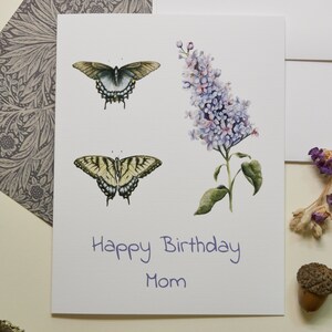Carte d'anniversaire de maman, fleurs lilas et papillon, carte aquarelle pour maman, cadeau pour amoureux de la nature